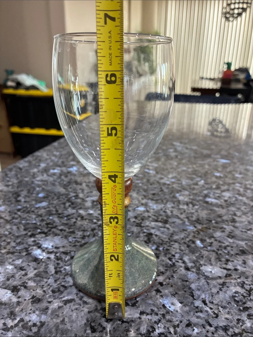BLUE Pottery Stem Wine Glass Goblet CLEAR GLASS TOP